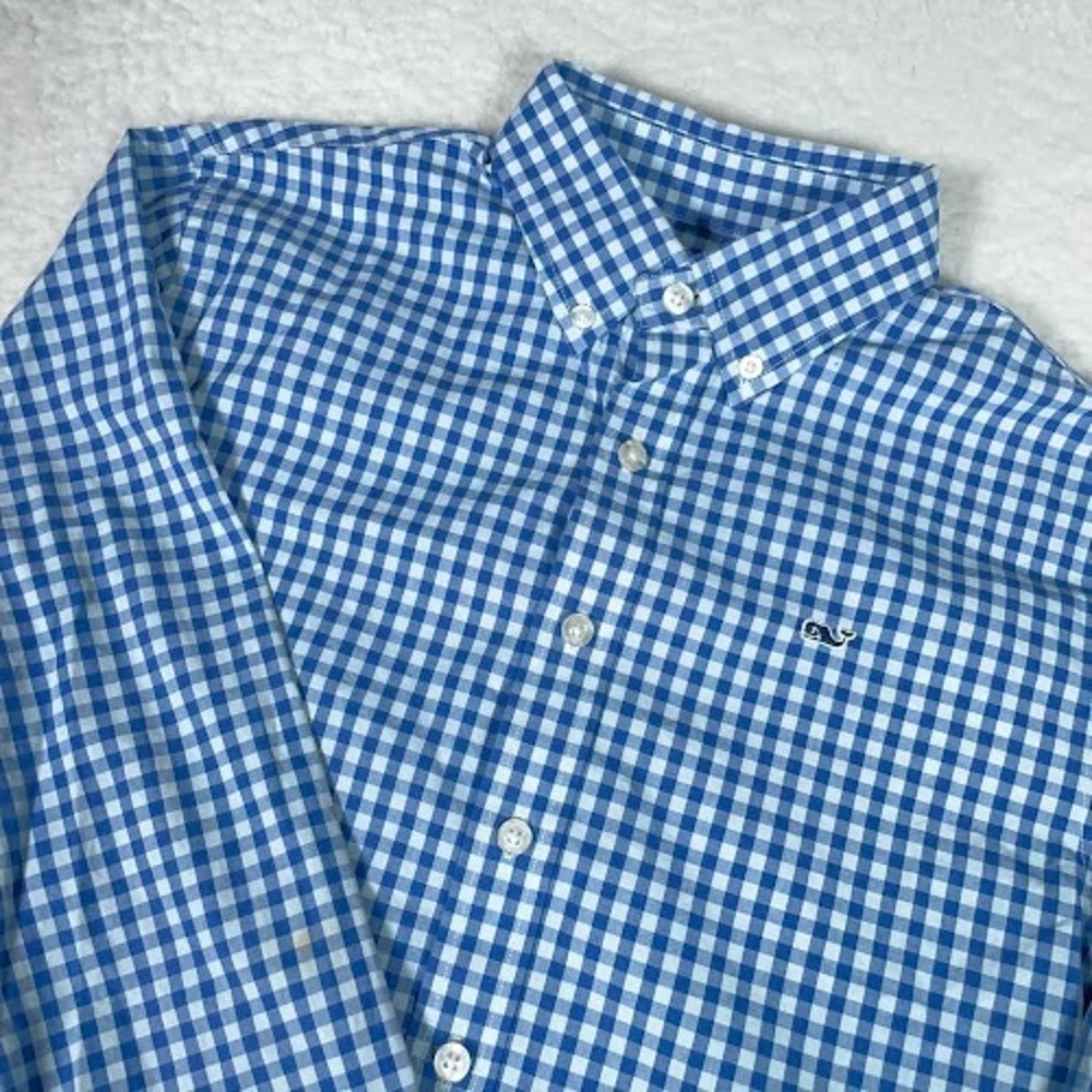 Vineyard Vines Whale Shirt‎ Button Down Youth L 16 Blue Gingham Long Sleeve Top